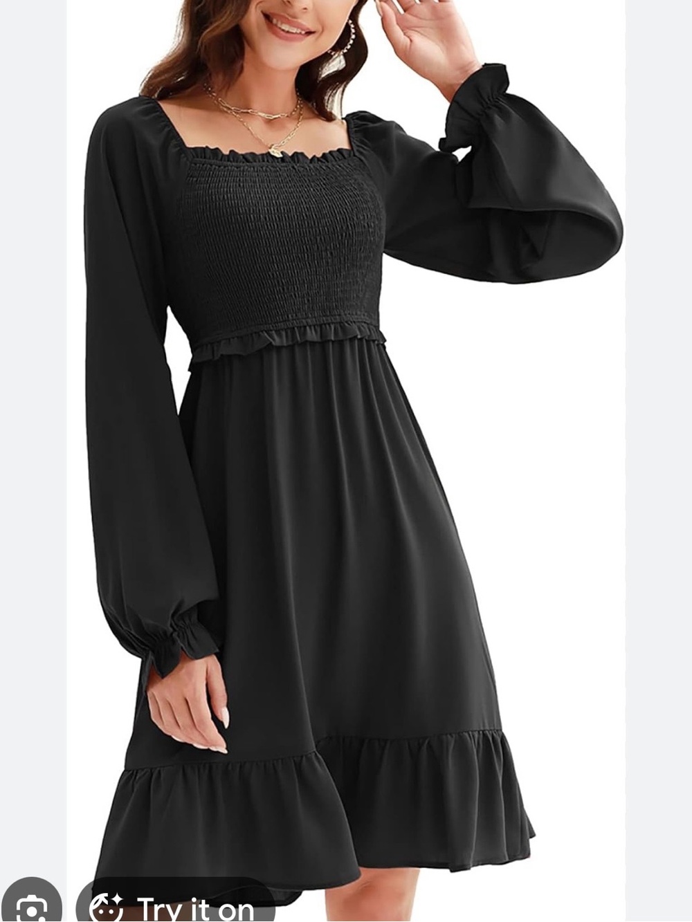 Square Neck Smocked Black Long-Sleeve Dress